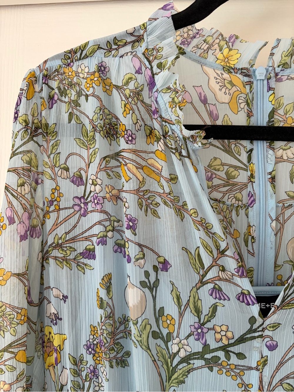 ME+EM Light Blue Floral Ruffle-Neck Blouse